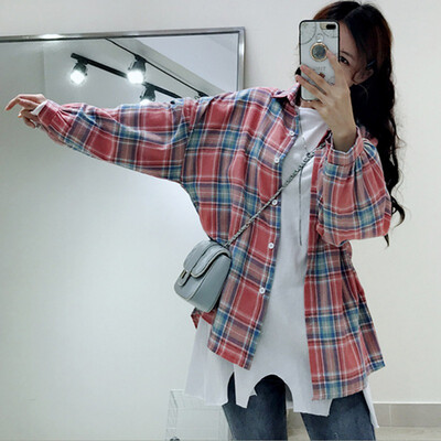 

Spring Autumn Women Blouses Fashion Plaid Casual Lapel Shirt Female Long Sleeve Tops