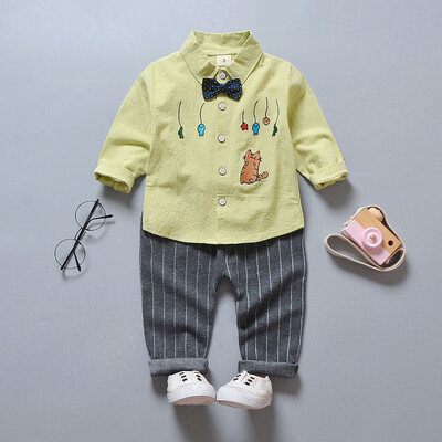 

2pcs Baby Clothes Boy Girl HandsomeLong Sleeve Lapel T-shirt Cat Pattern Concise Casual Striped Long Pants Kids Set