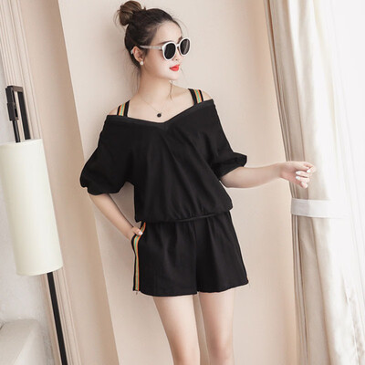 

2 Piece Set Women Fashion Cold Shoulder Top&Strip Side Shorts Set Ladies Short Sleeve Loose Sets Outfits ensemble femme