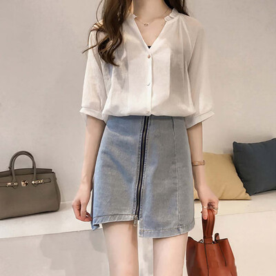 

Women Autumn Fashion Sexy Solid Color Single-breasted Loose V Collar Half Sleeve Blouse Simple Casual T-Shirt Tops