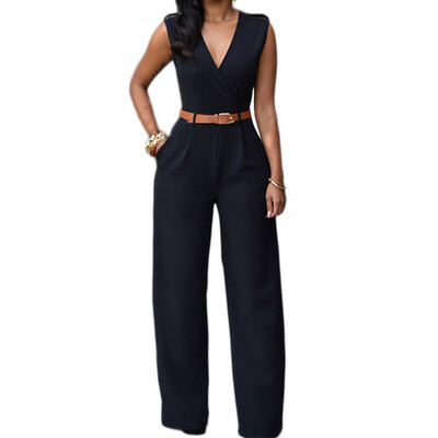 

new high waist v collar sleeveless jumpsuits trouser cotton bodysuit casual playsuits bandage belt Jumpsuit female body feminino