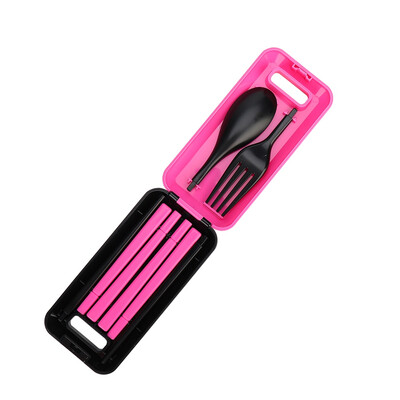 

Creative Environmental Portable Folding Outdoor Travel Flatware Fork Spoon Chopsticks Three-piece Set by Box Case Pink-Orange