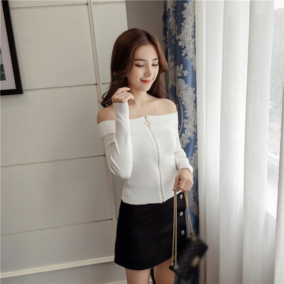 

Ladies Zipper Off Shoulder Slim Fit Blouse Tops Evening Party Sweater T-shirts