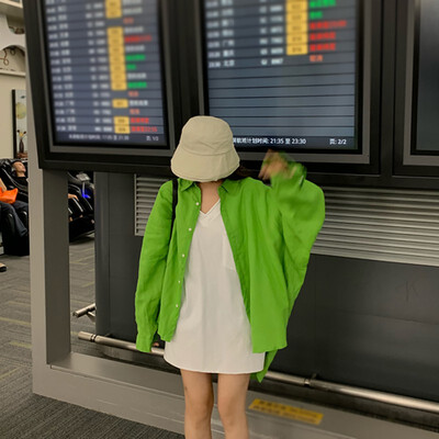 

Woman Loose Korean Shirt Single Breasted Turn down Collar Solid Color Long Sleeve Oversized Harajuku Blouses Fall Clothes Green