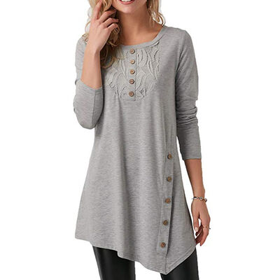 

Women Solid Long Sleeve Autumn Shirt Girl Scoop Neck Button Tee Casual Top