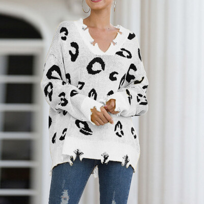 

Tailored Women Sweater Long Sleeve V-Neck leopard Print Tree knitting Sweater Tops