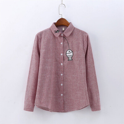 

Fashion Fish Embroidery Long Sleeve Women Blouses Striped Shirt Cotton Casual Women Tops Blusas