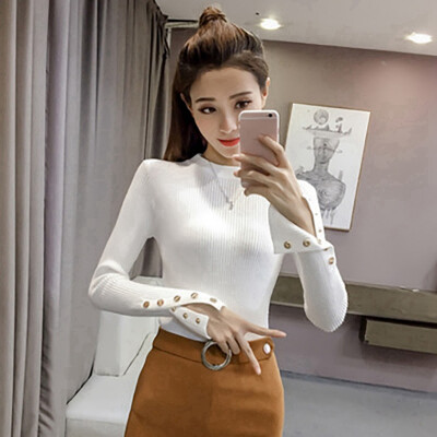 

New Hot Women Autumn Knitted Sweater Solid Knitted Female Cotton Soft Elastic Color Pullovers Button Full Sleeve Turtleneck 2019