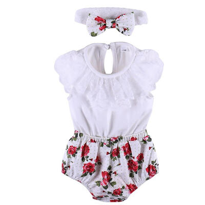 

Summer New Fashion Baby Girls Short Sleeve O Neck Floral Printed With Hair Band Baby Clothing