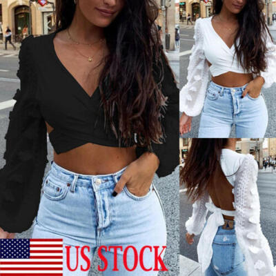 

USA Women Backless Mesh Ruffle Long Sleeve Shirt Casual Cami Blouse Crop Tops