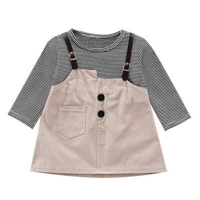 

2019 Autumn Casual Baby Girls Cute Long Sleeve Fake 2 Piece Striped Print Patchwork Dress Kids Dresses