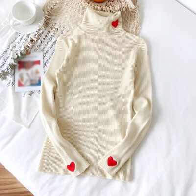 

Women Autumn Winter Simple Sweater Pullover Cute Embroidery Casual Slim High Collar Long Sleeve Sweet Sweaters HX01