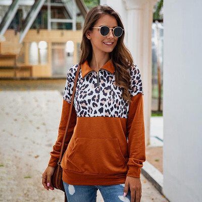 

Women Sweatshirt Colorblock Leopard Print Splicing Turn Down Collar Zipper Dropped Shoulder Loose Casual Street Wear