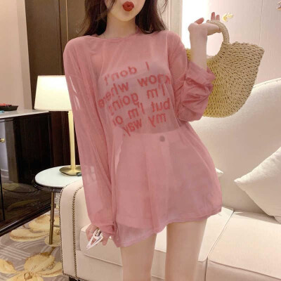 

Thin Women T Shirt Round Collar Summer Letter Print Sun Protection Long Sleeve Casual Simple Tshirt Section Wild T-Shirt Tops