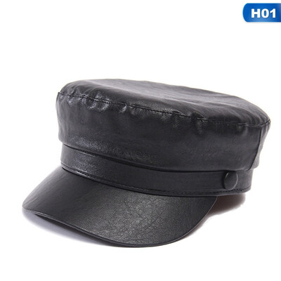 

Fashion PU Leather Military Hat Autumn Winter Sailor Hat For Women flat top Female travel cadet hat Captain Cap