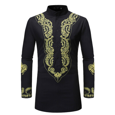 

Mens Printed Ethnic Style Tops Casual Plus Size Long Sleeve Button Down Shirts