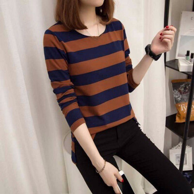 

Striped Bottoming T Shirt Female Spring Autumn Long-sleeved Loose Striped Round Neck Slim Bottoming Clothes T Shirt Women Tops