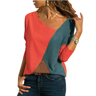 

Womens Stitching Contrast Color T-shirt Round Neck Long-sleeved Hot Sale Casual New T-shirt