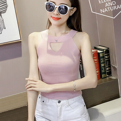 

Women Knitted Halter Pullover Sexy Hollow Out Tank Top Sleeveless Casual Cropped Tees Camis Simple Solid Color Tank Tops
