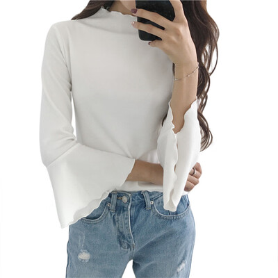 

2018 Women Vintage White Shirt Fashion Solid Turtleneck Long Sleeve Tops Casual Streetwear Flare Sleeve femininas t-shirts