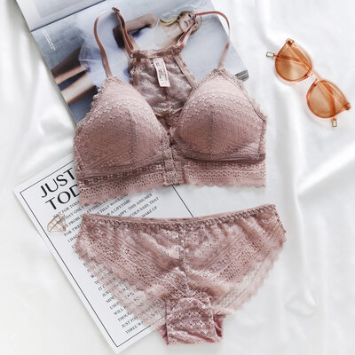 

Women Sexy Bra Set Wire Free Solid Color Bra Lace Floral Briefs Underwear Deep V Front Closure Bra Set