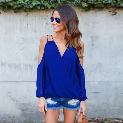 

Woman Chiffon Blouses Shirts Casual Tops Clothing Sexy V Neck Long Sleeve Off Shoulder Shirts Top