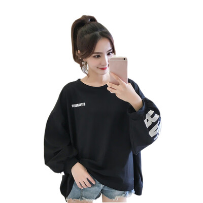 

2018 Autumn Women Letter Print Thin Hoodies Round Neck Puff Sleeve Pullover Long Sleeve Fashion Casual Loose Sweatshirts