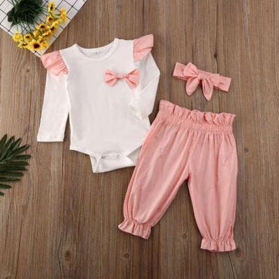 

Infant Baby Girl Kid Long-sleeved Top Romper Trousers Headband Winter Clothes