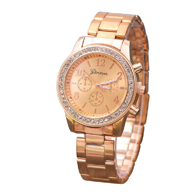 

Explosion models Geneva three-eye diamond alloy watch ladies Europe&America steel belt casual jewelry watch wholesale Rose