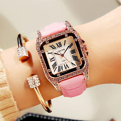 

2018 new retro rhinestone female watch Korean fashion student quartz watch leather belt ladies watch female models diamond Pink