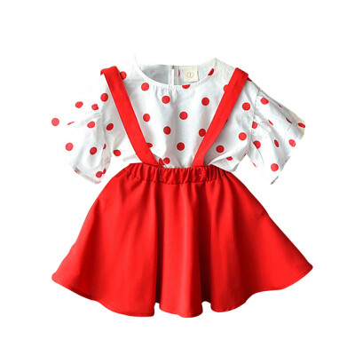 

Fashion Summer Baby Girl Clothes Butterfly Sleeve Polka Dot Print T-shirt BlouseStrap Skirts Casual Outfits Kids Clothes Set