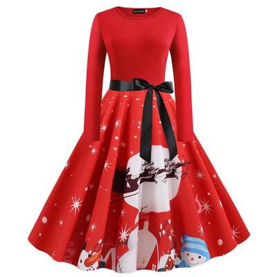 

Christmas Vintage Dress Long Sleeve Big Swing Party Dress Elegant Printed Xmas Dress