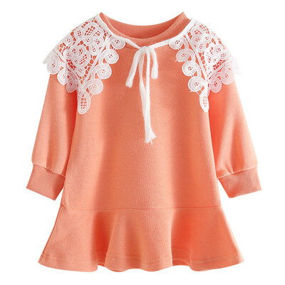 

Children Autumn Dress Girls Cute Solid Color Lace Doll Collar Princess Long-Sleeved Sweet Princess Dress