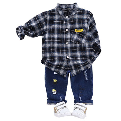 

Autumn Children Baby Boys Set Casual Long Sleeve Plaid Print Casual Shirt TopsCartoon Denim Pants Trouser Set