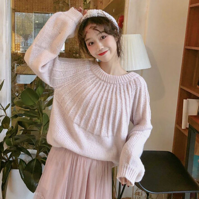 

Korean Sweet Loose-Fit Lantern Sleeve Bowtie Lace-up Sweater Women Knitted Loose Solid Color Jumpers Pullover