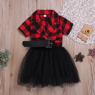 

Summer Kids Girls Casual Short Sleeve Plaid Print Patchwork Design Dress Baby Children Mesh Dresses with Belt
