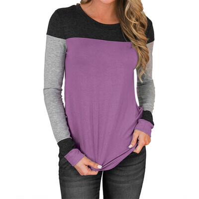 

Autumn Casual Color Block Women Long Sleeve Round Neck T-Shirt Slim Fit Top