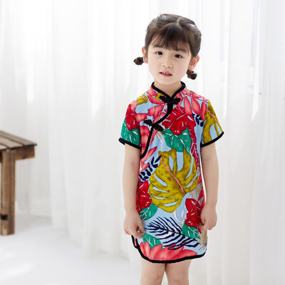 

Baby Summer Girls Round Neck Cotton Print Princess Cute Sweet Short Sleeve Cheongsam Princess Dress