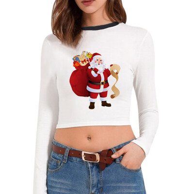 

Christmas T-shirt Santa Claus Christmas Tree Print Multiple Choices Long-Sleeve Cropped tshirt New Hot Women Clothes