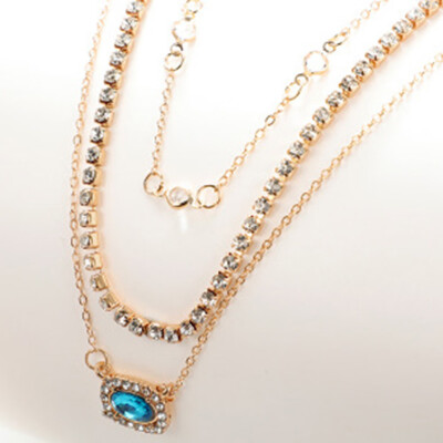 

Geometric Diamond Beaded Chain Blue Gem Multi layer Necklace Clavicle Chain