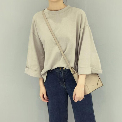 

ROPALIA Autumn Fashion New O-Neck Split Fork Seven-Point Sleeve Solid Color Korean Version Of Loose T-Shirt