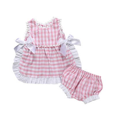 

Summer Baby Girls Sleeveless Plaid Print Apron TopsShorts Suits Casual Outfits Sets