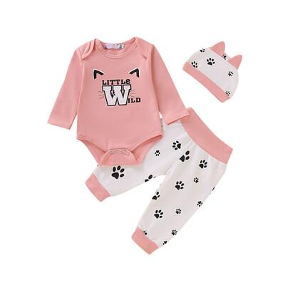 

Spring Autumn Casual Fashion Infant Baby Printing Bodysuit And Trousers And Hat Kids Three-piece Outfit Set Baby Girls Suits