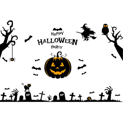 

Happy Halloween Wall Decals Pumpkins Spooky Cemetery Witch&Bats Tomb Wall Stickers for Halloween Decoration