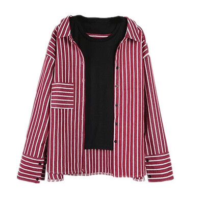 

Fashion Retro Style Shirt Patchwork Ladies Blusas 2019 Hot Sale V-Neck Fake Two-Piece Stripe Shirts Casual Loose Blusa Women