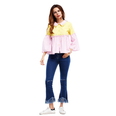 

New Style Woman Horns Sleeves Loose Lapel Shirt Fashion