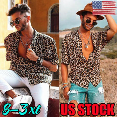 

US Mens Leopard Short Sleeve Shirt Summer Cool Loose Casual V-Neck Shirts Tops
