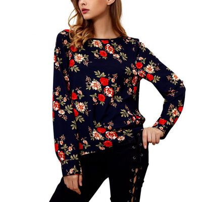

Women Casual Floral Long Sleeve Blouse Chiffon Shirt blouse shirt women Zipper O-neck blusas chemise femme