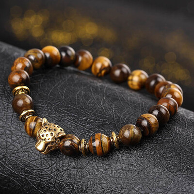 

1Pcs Gold Color Leopard Head Bead Bracelet Natural Stone Lava Matte Tiger Eye Men&Women Male Punk Bracelets
