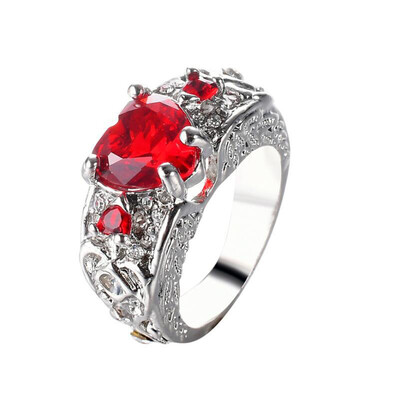 

Sterling Silver Princess Diamond Heart Shaped Created Ruby Ring Wedding Engagement Ring Valentine Day Gifts